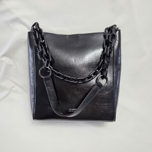 Bucket Shoulder Bag Black Vegan Leather Large Acrylic Chain
